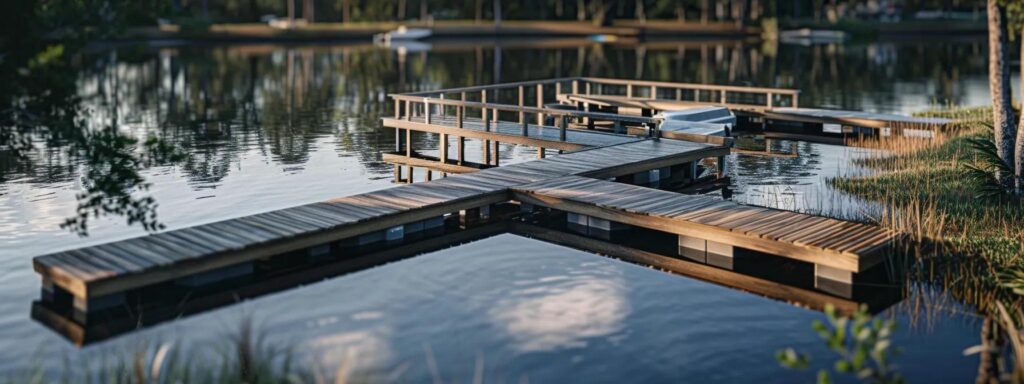 a sleek, modern composite dock extends over a tranquil florida waterway, showcasing its durability and aesthetic appeal while surrounded by a meticulously organized dock building workspace, with tools and materials neatly arranged for residential construction.