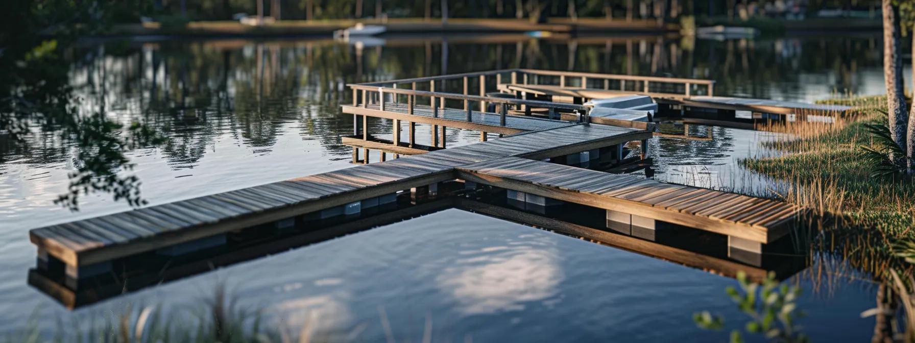 a sleek, modern composite dock extends over a tranquil florida waterway, showcasing its durability and aesthetic appeal while surrounded by a meticulously organized dock building workspace, with tools and materials neatly arranged for residential construction.