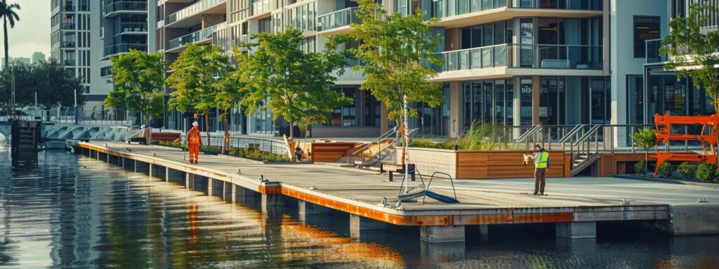 a sleek, modern dock design in a bustling florida waterfront, showcasing innovative eco-friendly materials and building practices while construction workers efficiently collaborate in a vibrant urban setting.