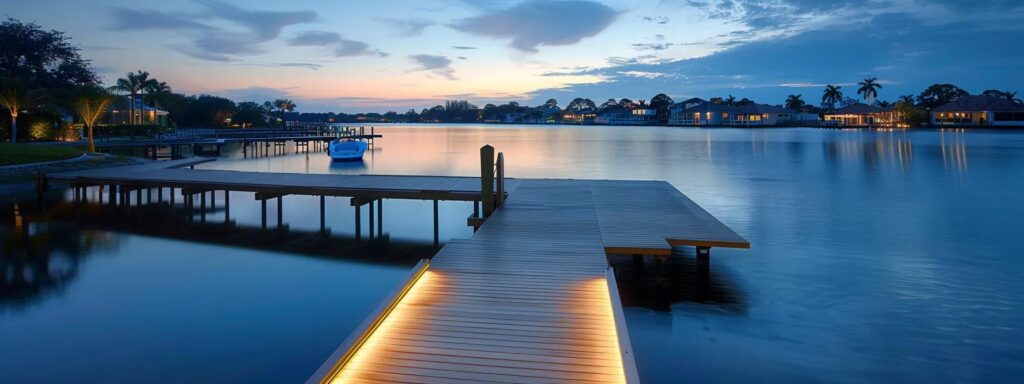 a sleek, modern floating dock system elegantly extends over calm waters, showcasing the innovative design while highlighting its minimal environmental impact against a backdrop of a vibrant florida residential shoreline.