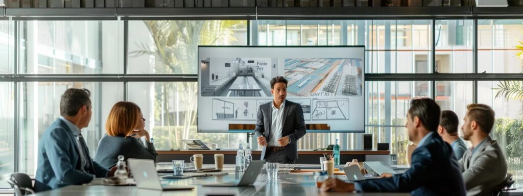 a sleek, modern office conference room featuring a diverse group of professionals engaged in a discussion about dock installation plans, with technical schematics and a large digital display showcasing elegant residential docks in the background.