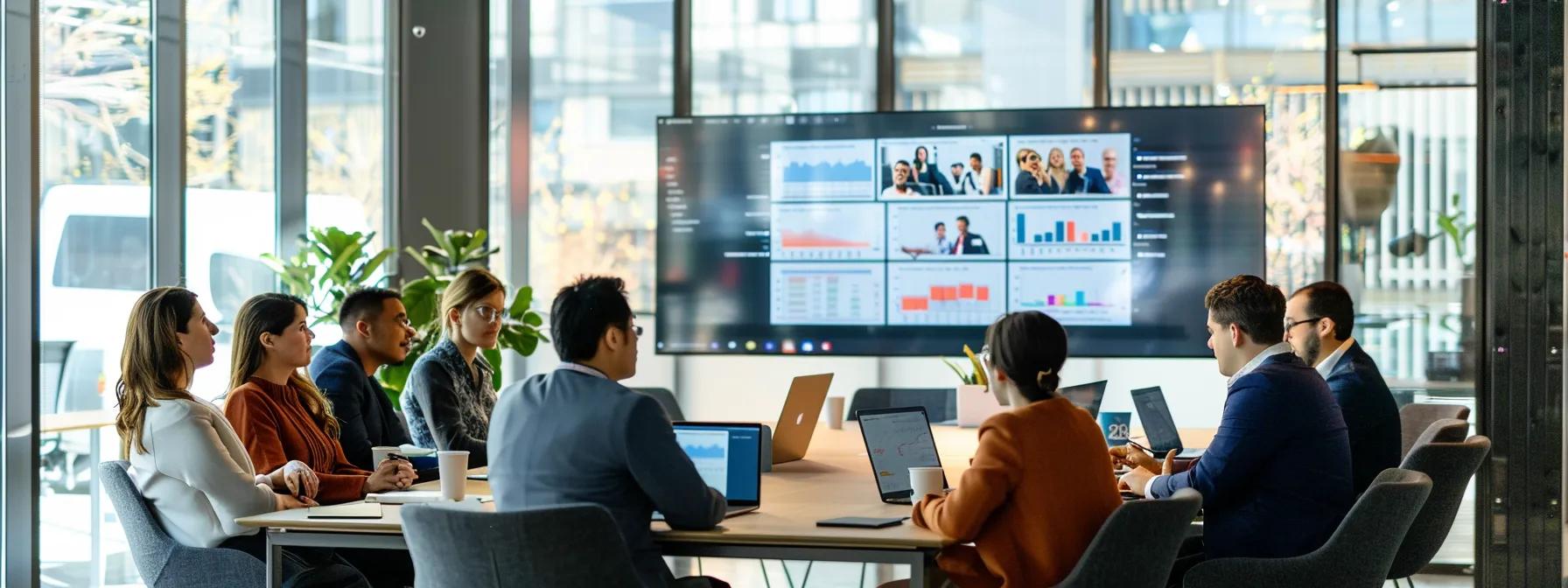 a sleek modern office conference room showcases a dynamic presentation comparing custom dock layouts and standard designs, with vibrant digital displays and a diverse team of dock builders engaged in an animated discussion.