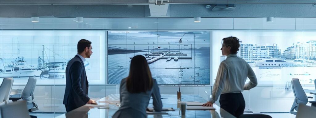 a sleek, modern office environment featuring a group of professionals engaged in a focused discussion about marine construction plans, with detailed blueprints of residential docks prominently displayed on a polished conference table.
