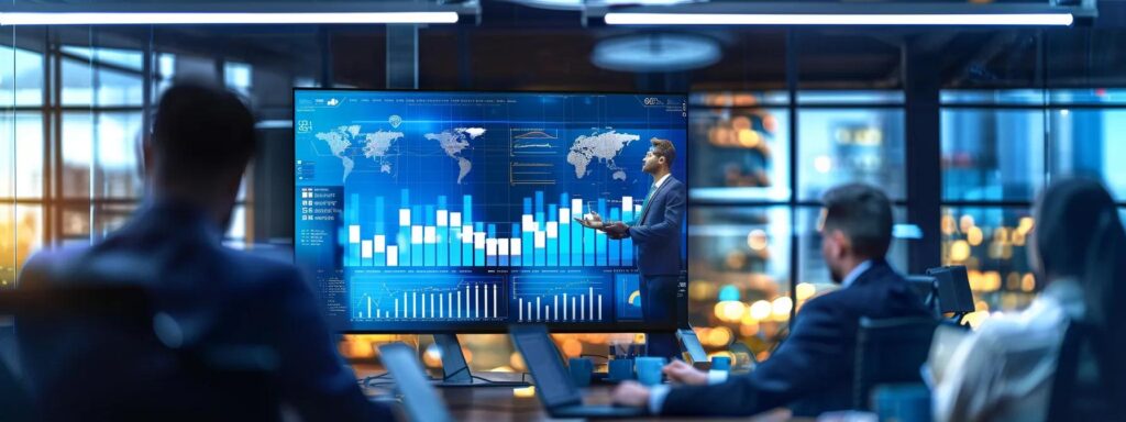 a sleek, modern office featuring a large screen displaying colorful graphs and charts, surrounded by professionals engaged in a lively discussion about customer feedback on dock construction services.