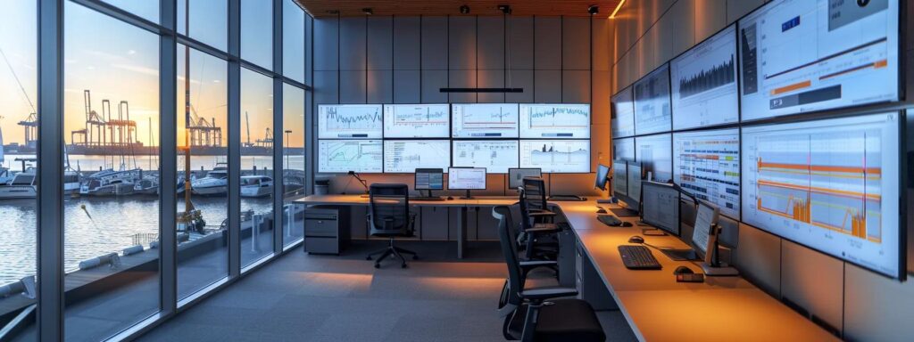 a sleek, modern waterfront dock maintenance office filled with high-tech monitoring screens and advanced tools, showcasing a team of dedicated professionals analyzing real-time data to enhance operational efficiency in dock management.