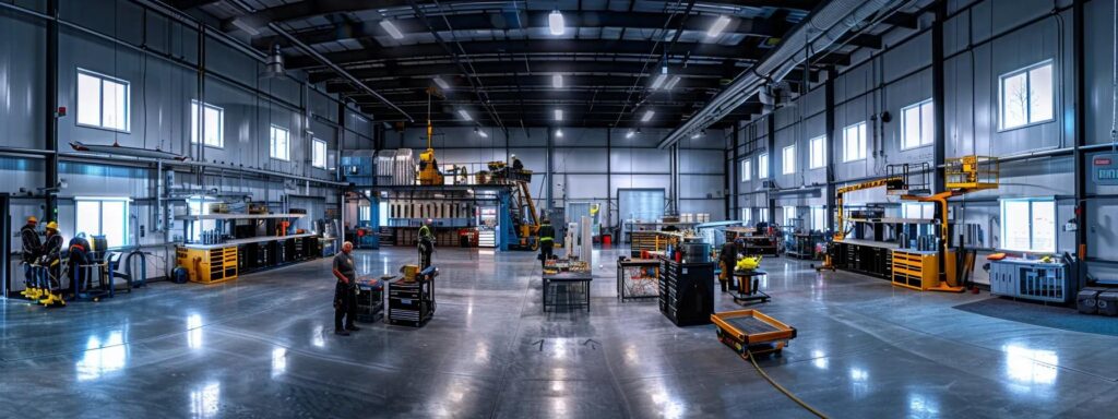 a sleek, modern workshop bustling with industrious dock builders in safety gear, showcasing organized workstations filled with high-quality tools and projects in various stages of completion, illuminated by bright overhead lights.