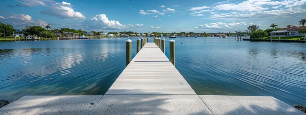 a sturdy concrete dock, expertly crafted by dedicated builders, stretches out over a calm florida waterfront, showcasing its robust design against a backdrop of sleek residential architecture.