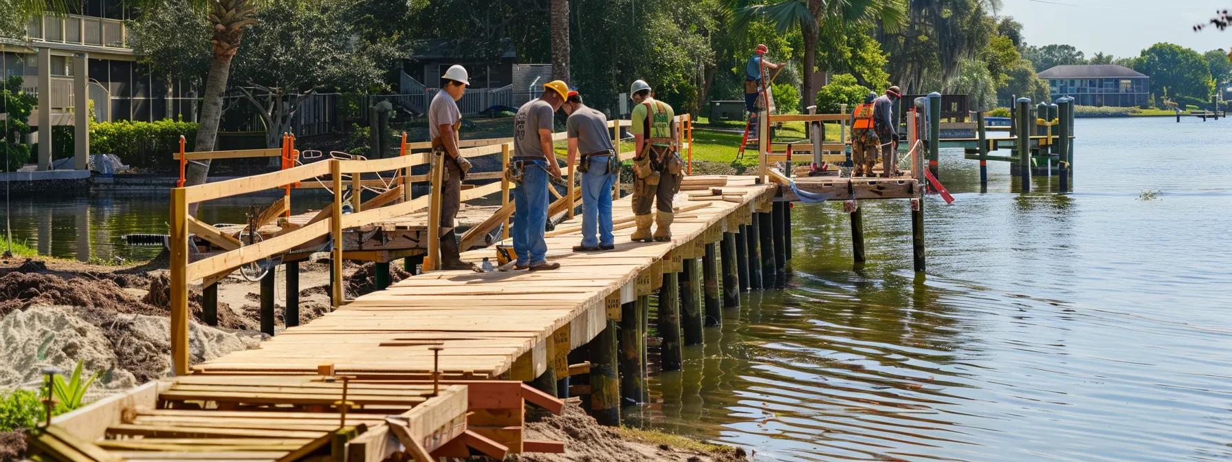a team of diligent residential dock builders meticulously assembling a robust wooden dock against the vibrant backdrop of a sunlit florida waterfront, showcasing their craftsmanship and adherence to construction regulations.