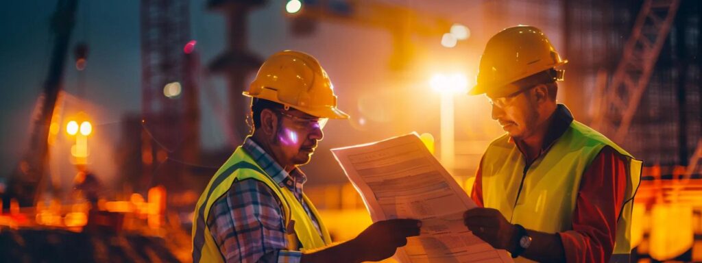 a team of focused dock builders in a bustling florida construction site meticulously reviews regulatory documents and blueprints under the bright glare of industrial floodlights, highlighting the complexities of navigating permitting processes for dock construction.