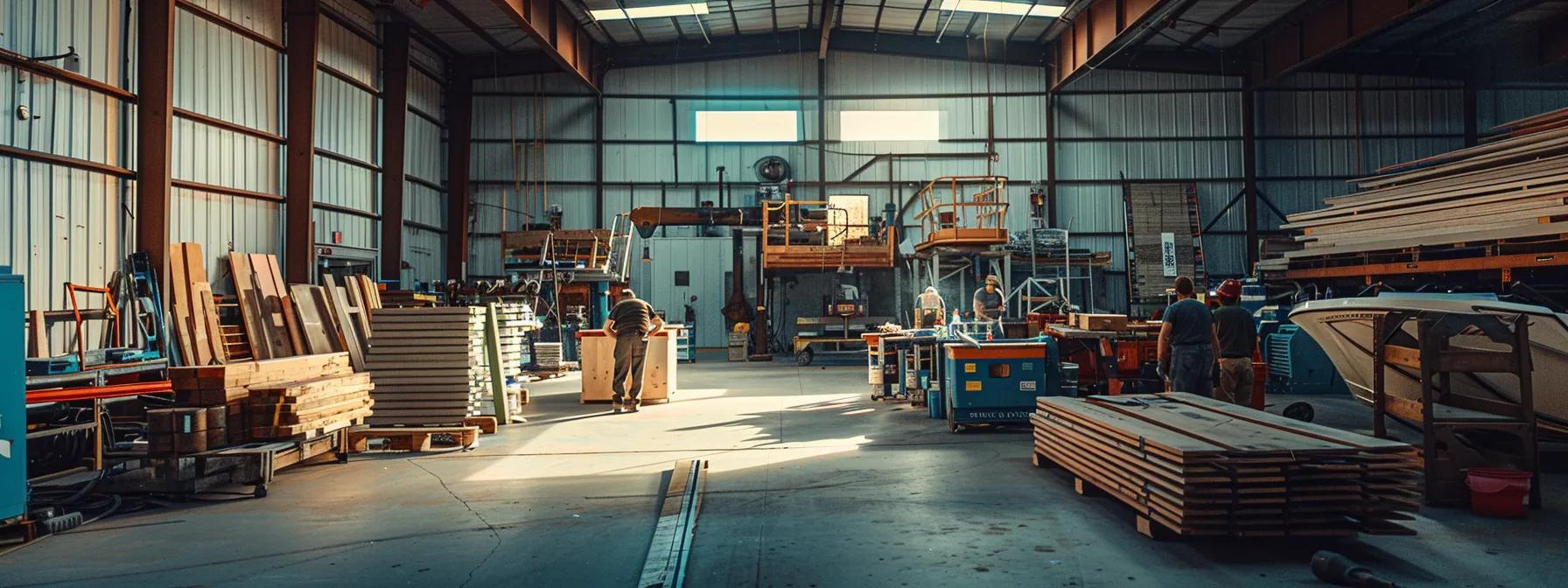 a team of focused dock builders meticulously examines robust materials in a well-equipped workshop, showcasing their commitment to constructing durable docks capable of withstanding florida's harsh coastal weather.