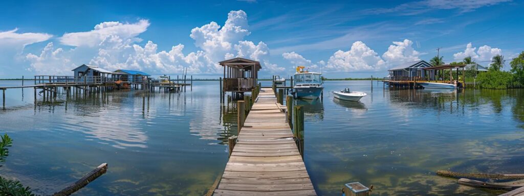 a vibrant coastal workshop filled with skilled dock builders diligently sanding and staining wooden planks, emphasizing their commitment to maintaining the beauty and durability of residential docks in florida.