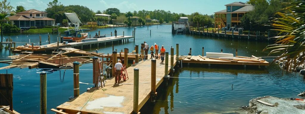 a vibrant scene of dedicated dock builders in florida expertly assembling a resilient dock structure using a variety of sustainable materials, set against a busy marina backdrop with tools and equipment artfully organized around them.