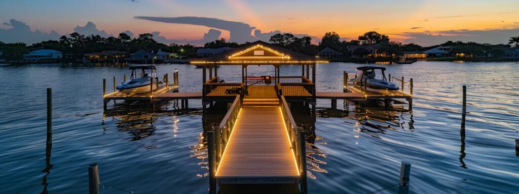 a vibrant scene showcasing skilled dock builders diligently crafting a customized residential dock in florida, designed to enhance recreational activities like swimming and boating, with clear layouts and safety features prominently displayed under warm, inviting lighting.