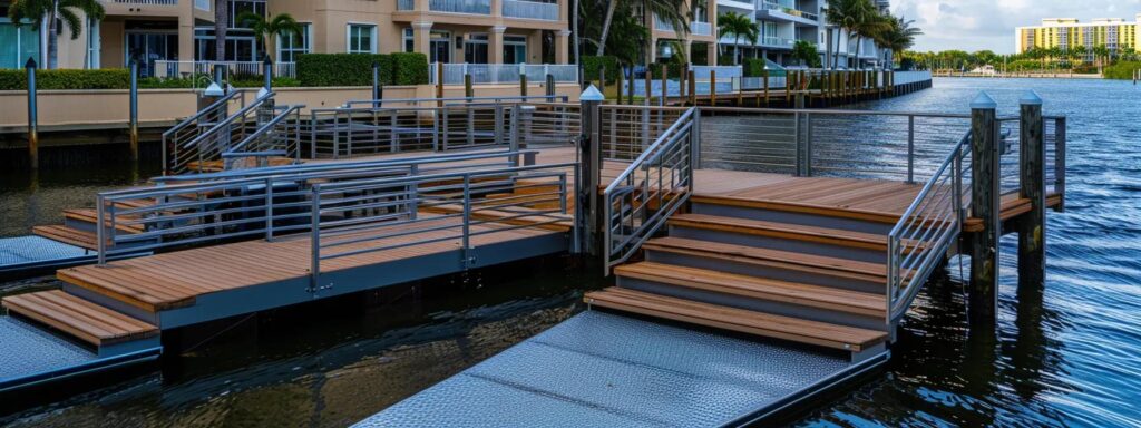 a well-designed residential dock in florida features wide, sturdy ramps and gangways crafted from textured materials, ensuring a safe and accessible transition for users of all ages and abilities, set against a vibrant urban waterway backdrop.