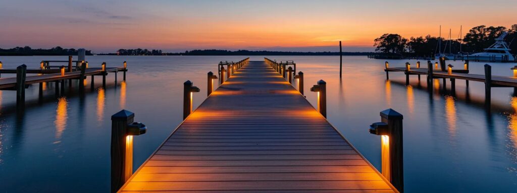 a well-lit residential dock in florida showcases robust and energy-efficient lighting fixtures, illuminating a safe and functional workspace where dock builders are preparing for night operations against a backdrop of clear twilight skies.