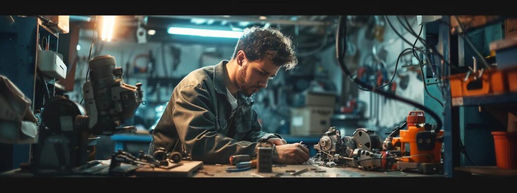 in a bustling workshop filled with tools and equipment, a focused repair technician inspects a complex mechanism, showcasing their expertise and dedication to delivering high-quality repairs.
