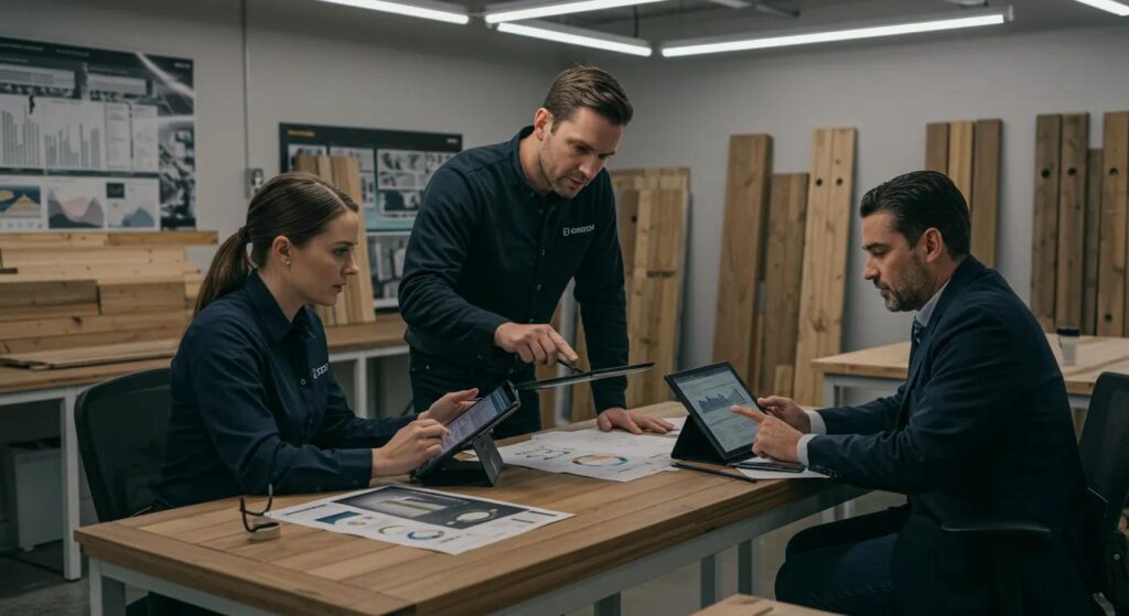 a modern florida dock-building workspace features skilled professionals analyzing data on sleek digital tablets, surrounded by materials for wood and composite docks, illuminated by bright overhead lights that emphasize the high-stakes decision-making process.
