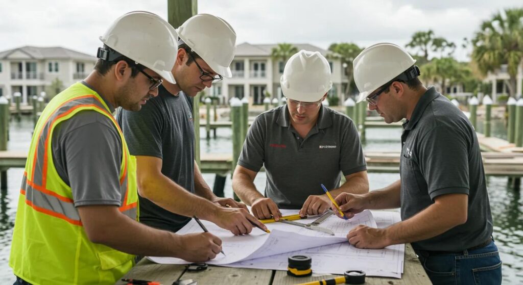 a team of focused dock builders in hard hats meticulously reviewing construction plans and measurement tools against the backdrop of a partially constructed residential dock in a bright florida urban setting.
