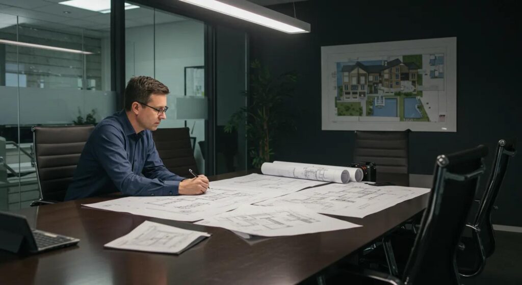 a sleek, modern office environment hosts a focused meeting between a dock construction company representative and potential residential clients, highlighted by architectural plans and blueprints prominently displayed on a polished conference table.