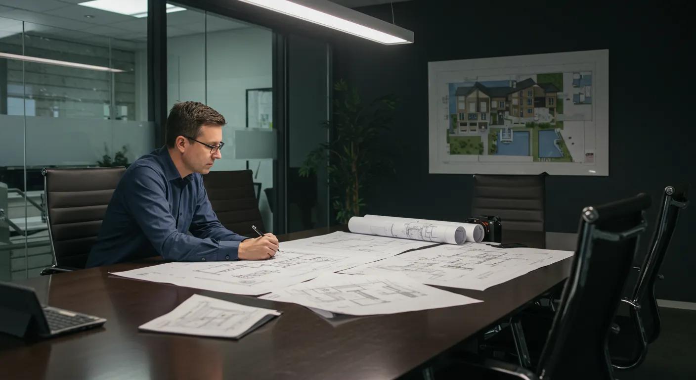 a sleek, modern office environment hosts a focused meeting between a dock construction company representative and potential residential clients, highlighted by architectural plans and blueprints prominently displayed on a polished conference table.