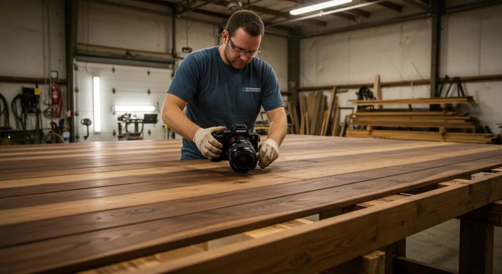 a skilled dock builder meticulously assembles a robust wooden dock, showcasing the rich, dark grains of premium hardwood under bright artificial lights in a bustling florida workshop.