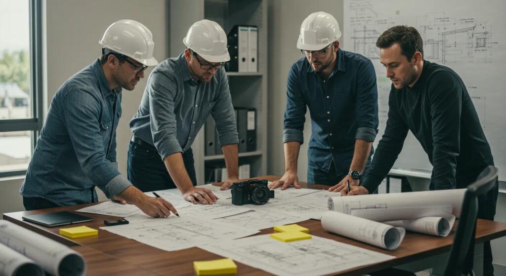 a focused office workspace showcases a determined team of dock builders in florida, collaborating over regulatory compliance documents, surrounded by blueprints and technical plans, highlighting the importance of meticulous oversight and innovative solutions.