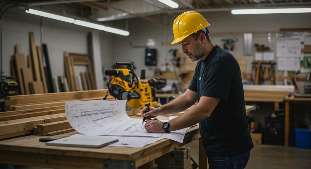 a professional dock builder in a modern florida workshop meticulously examines blueprints and materials for a custom waterfront dock project, illuminated by bright overhead lights, showcasing tools and construction elements that highlight the craftsmanship involved in creating ideal docks.