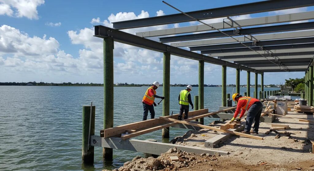 a focused residential dock construction scene in florida showcases diligent builders meticulously aligning structural components against a backdrop of a bright blue sky and waterfront, highlighting the importance of compliance with critical regulations for safety and durability.
