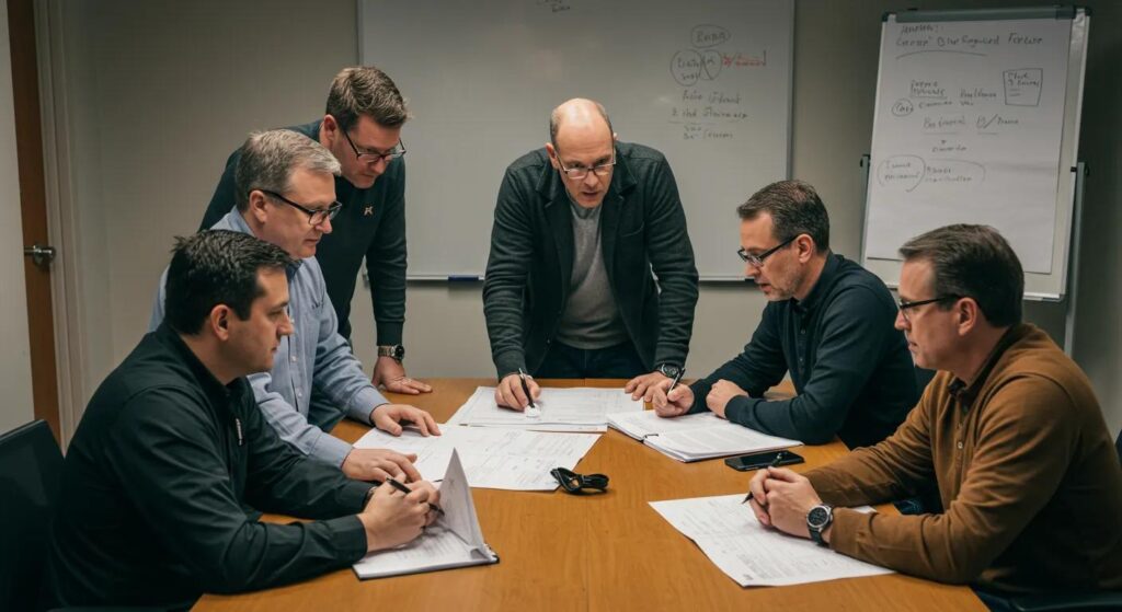 a focused meeting room with a diverse group of dock builders engaged in a heated discussion over blueprints and legal documents, highlighting the complexities of state versus federal regulations in dock construction.