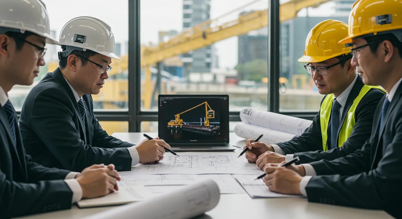 a focused, professional meeting takes place at a sleek conference table in a modern office, where a team of dedicated dock construction experts discusses project plans with blueprints spread out, exuding an atmosphere of determination and expertise.