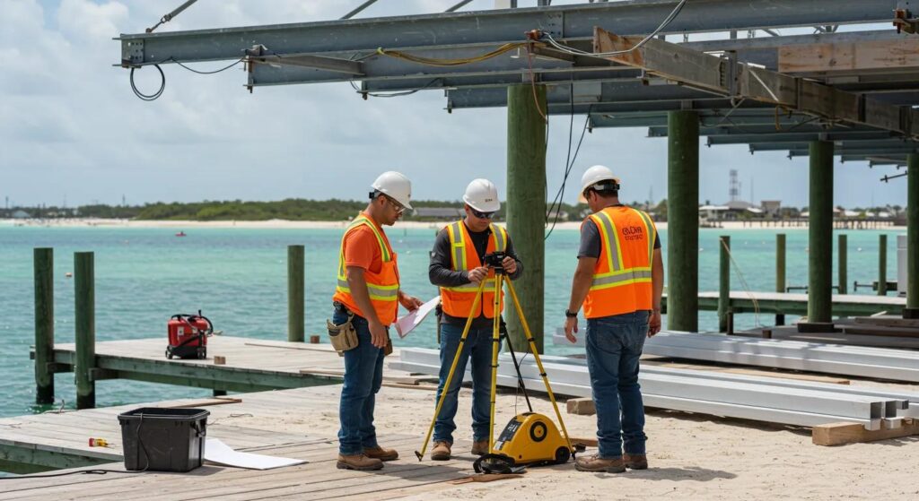 a focused scene of skilled dock builders inspecting and measuring materials on a bustling construction site, with the vibrant florida coastline in the background, showcasing the urgency and precision necessary to avoid costly delays in dock construction.