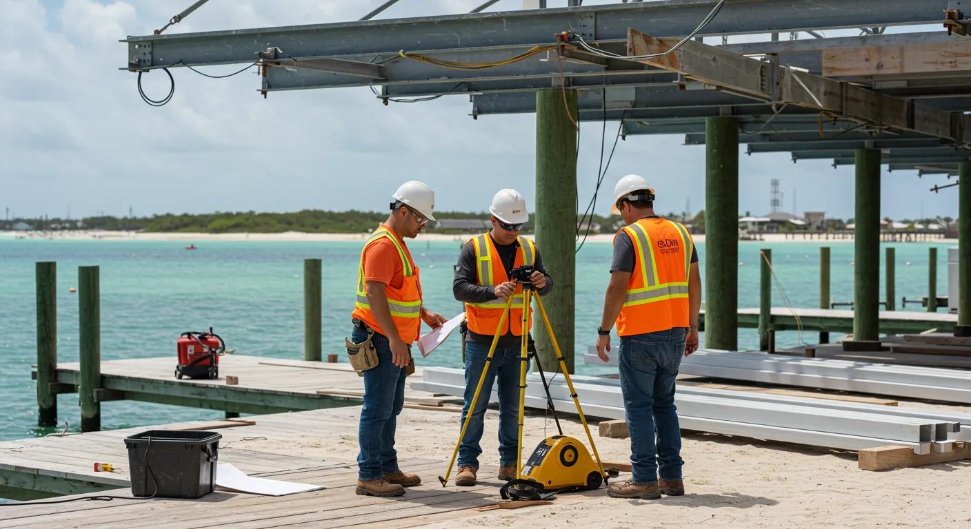 a focused scene of skilled dock builders inspecting and measuring materials on a bustling construction site, with the vibrant florida coastline in the background, showcasing the urgency and precision necessary to avoid costly delays in dock construction.