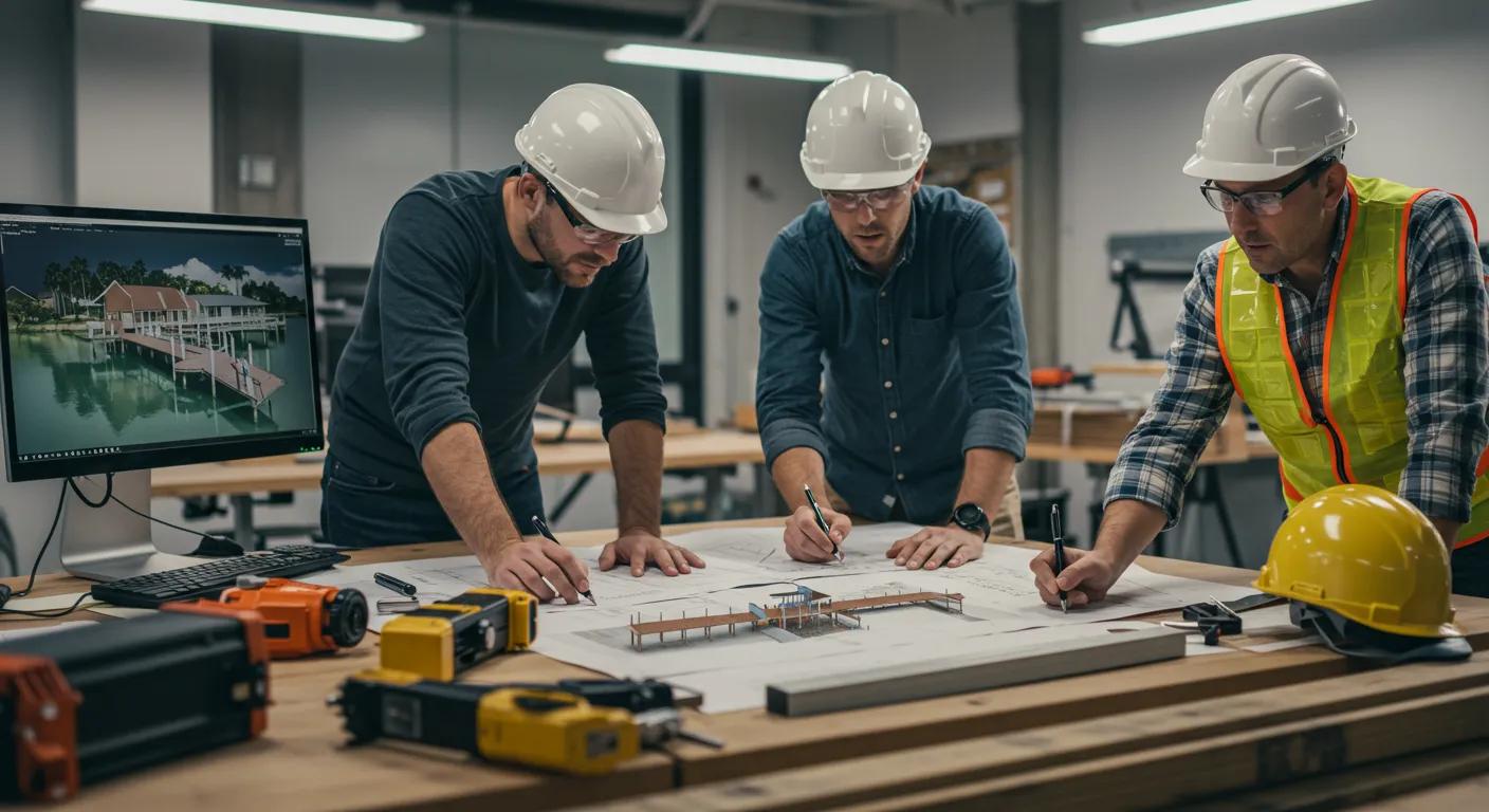 a focused construction office scene comes to life with engineers analyzing blueprints and digital models of residential docks, surrounded by tools and materials, embodying the strategic planning essential for anticipating dock maintenance costs in florida's bustling market.
