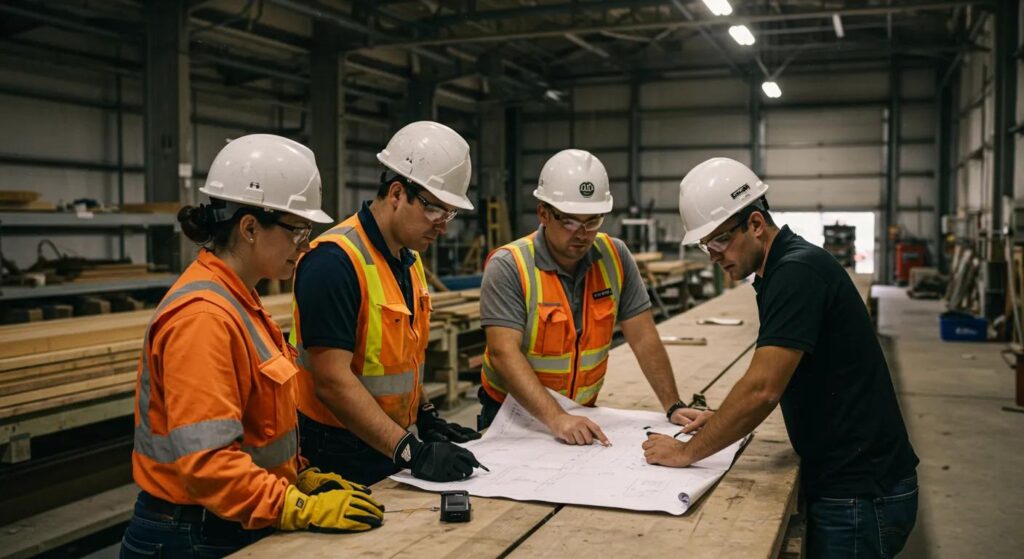 a team of focused dock builders in a bustling florida construction site, closely analyzing blueprints under bright industrial lights while surrounded by various building materials and safety equipment, embodies the essential planning and risk mitigation for successful dock projects.