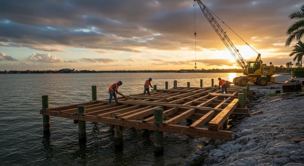 a bustling dock-building site in florida showcases skilled builders strategically using treated lumber, surrounded by construction equipment and vibrant waterfront views, emphasizing durability and craftsmanship in the marine construction industry.