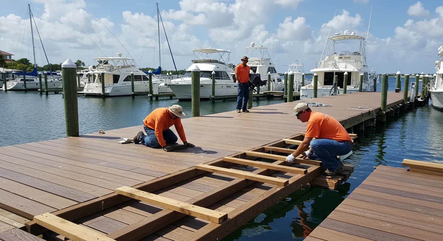 a dynamic scene showcasing skilled dock builders meticulously constructing a durable composite dock under the bright florida sun, with a bustling marina and sleek boats in the background, highlighting the contrast between traditional wood and modern materials.