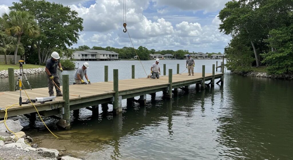 a bustling construction site features hardworking dock builders in florida, meticulously finalizing the installation of a new residential dock, surrounded by tools and equipment that highlight the project's precision and dedication.