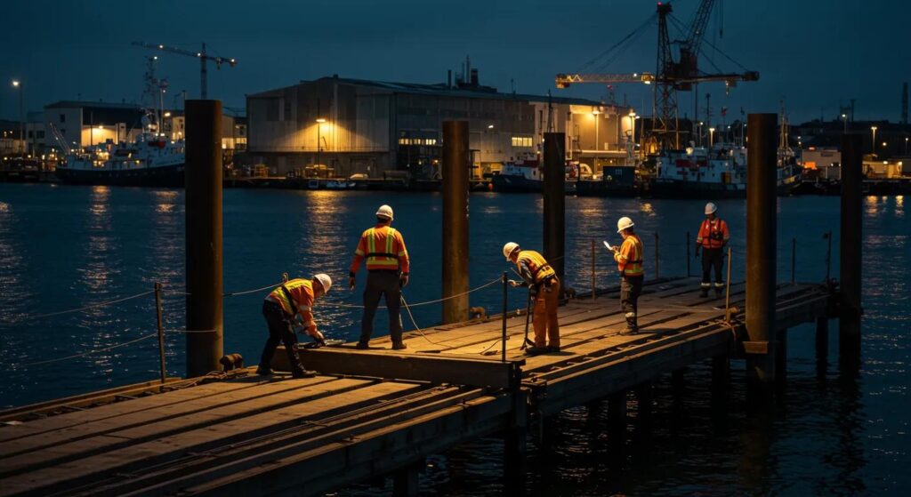 a bustling waterfront construction site showcases skilled dock builders in hard hats and safety gear, executing precise post-construction inspections on a newly built dock, emphasizing the importance of ongoing compliance and long-term safety in a vibrant, industrial setting.