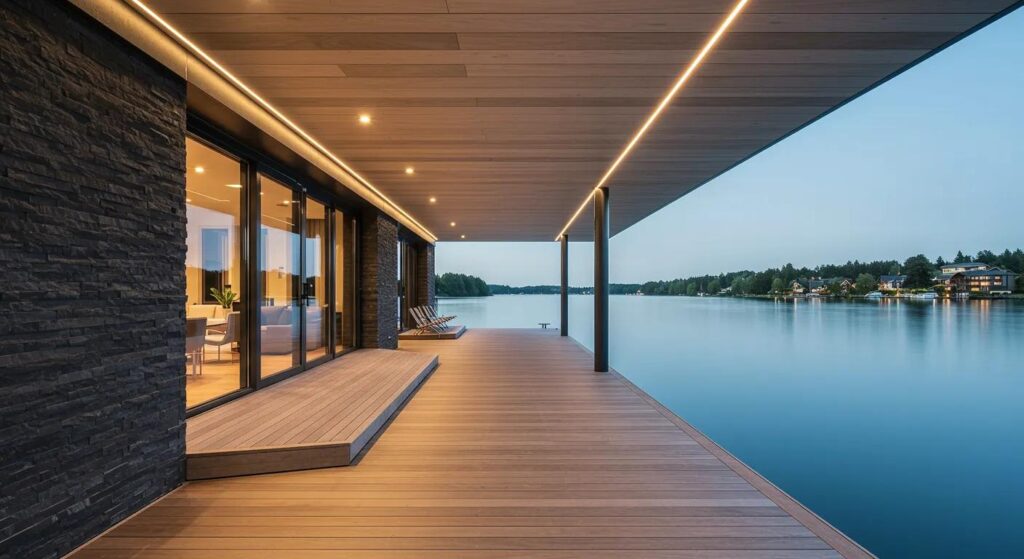 a sleek, modern waterfront property showcases a meticulously crafted dock made of premium materials, highlighting the contrast between the polished surface and the vibrant blue water, emphasizing the connection between quality dock design and enhanced property appeal.