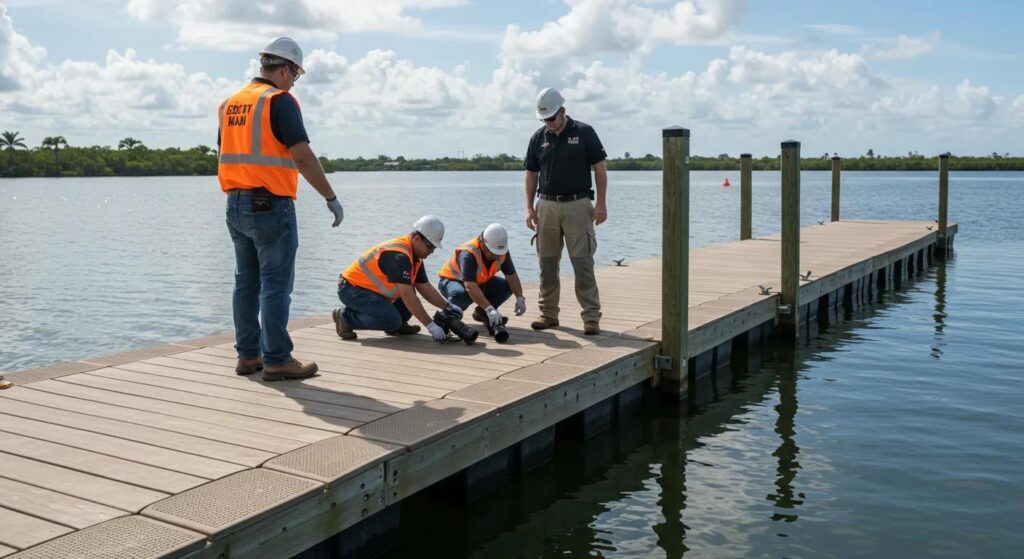a professional dock construction team meticulously inspects and maintains a sturdy floating dock under a bright florida sun, highlighting the importance of long-term maintenance for durability and performance.